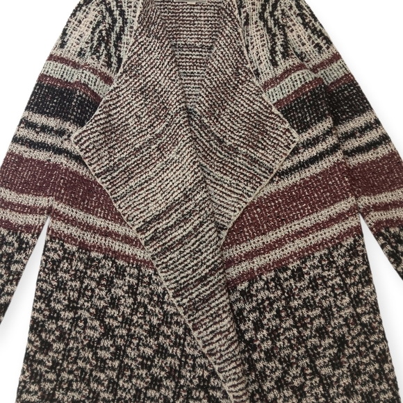 Lucky Brand Marled Open Draped Cardigan in Burgundy, Black & Cream - S - Picture 2 of 3